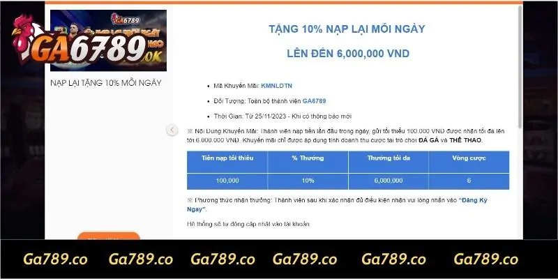 GA6789 tặng 10% nạp lại mỗi ngày, lên đến 6.000.000 VND